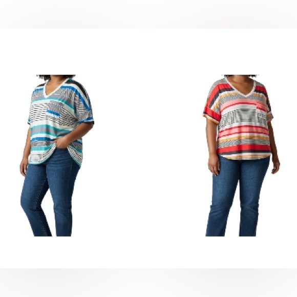 Two Casual V-Neck Short Sleeve Pullover Mulitcolor Striped Tops - NWOT - Picture 1 of 9